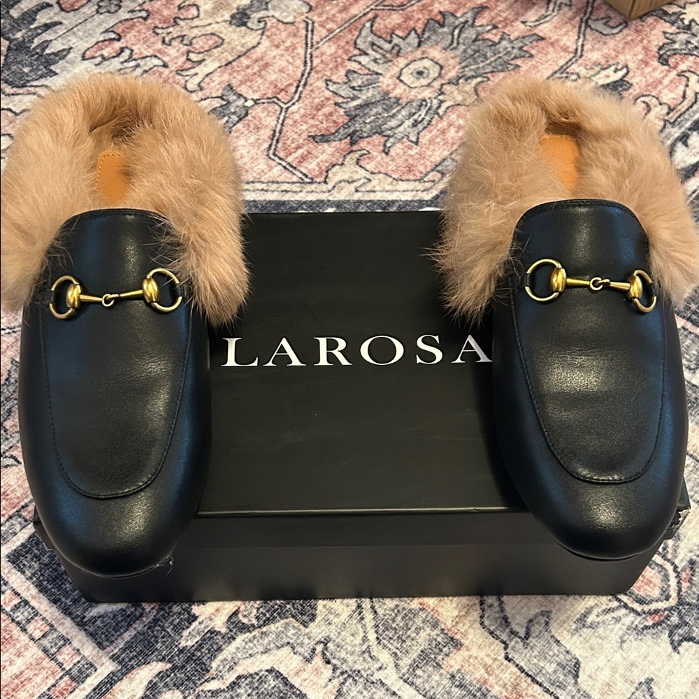 Black Leather Slide Loafers with Fur Trim